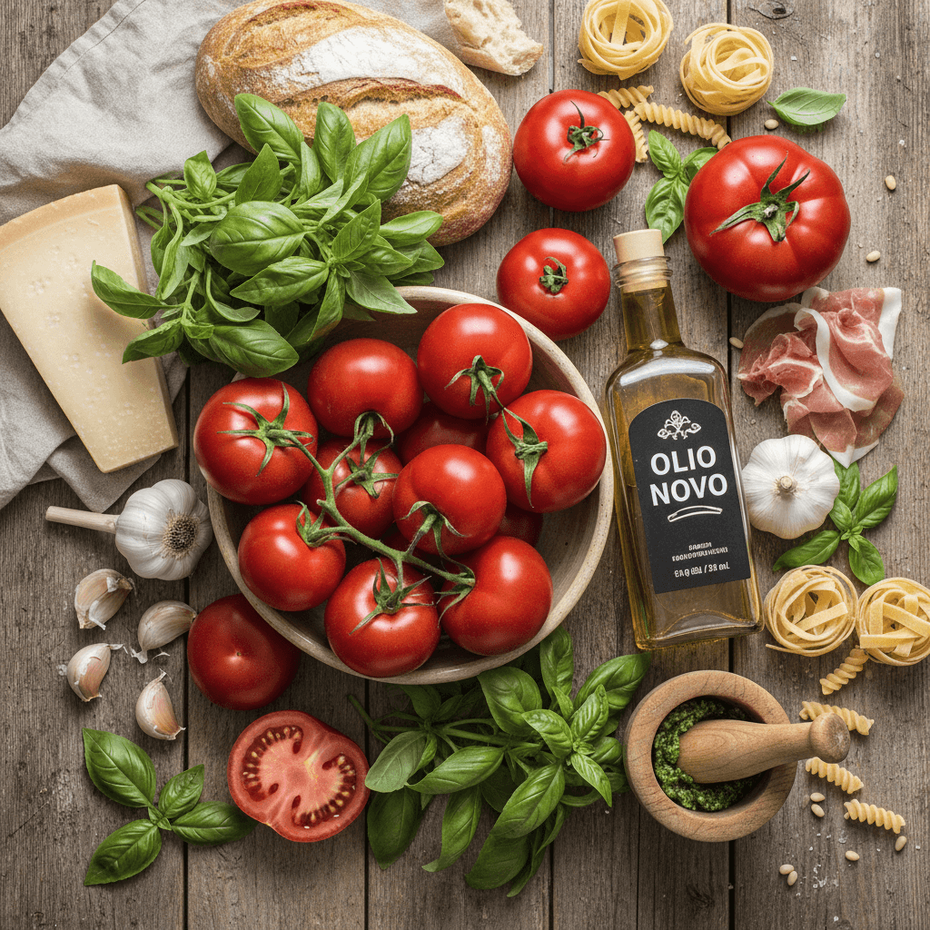 Fresh Italian and local ingredients on a rustic table with tomatoes and basil