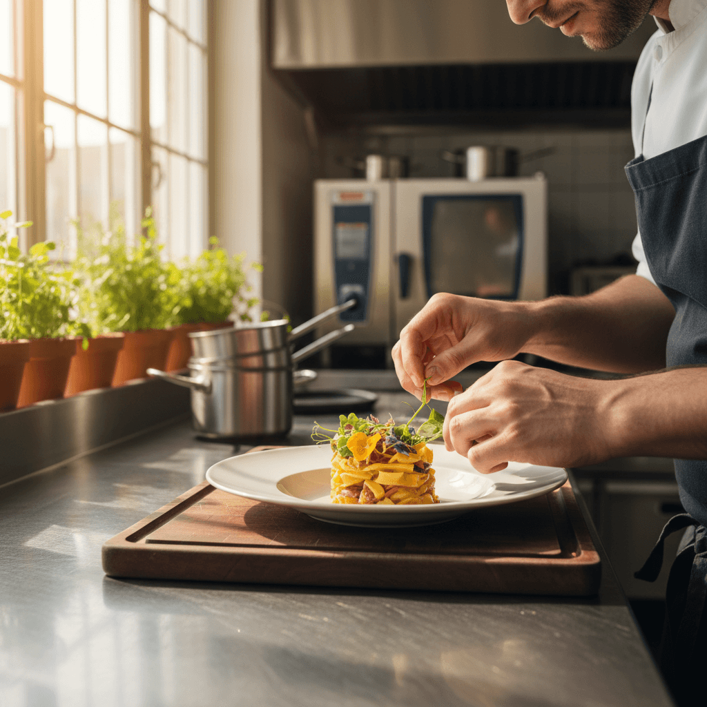 Chef preparando y plating cuidadosamente cada plato