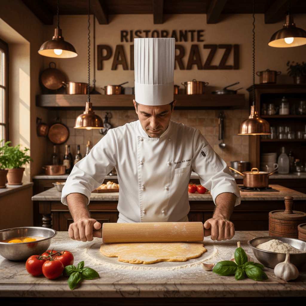 Chef preparing fresh pasta dough in an Italian restaurant kitchen with rustic charm