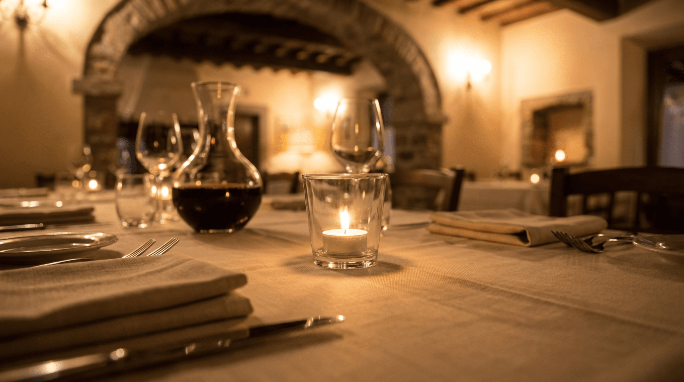 Mesa elegantemente preparada en Ristorante Paparazzi con velas, vino y platos italianos auténticos