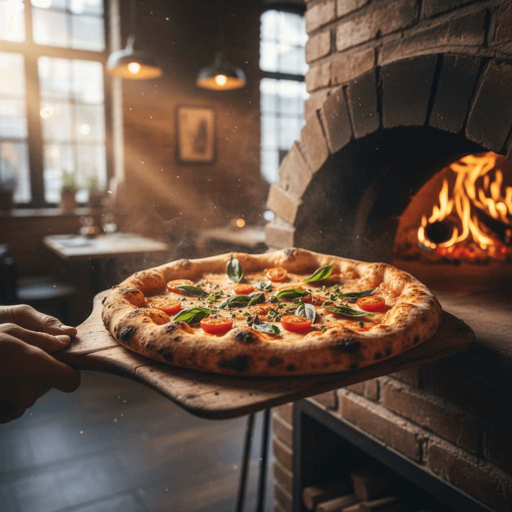 Pizza Margherita recién sacada del horno de leña
